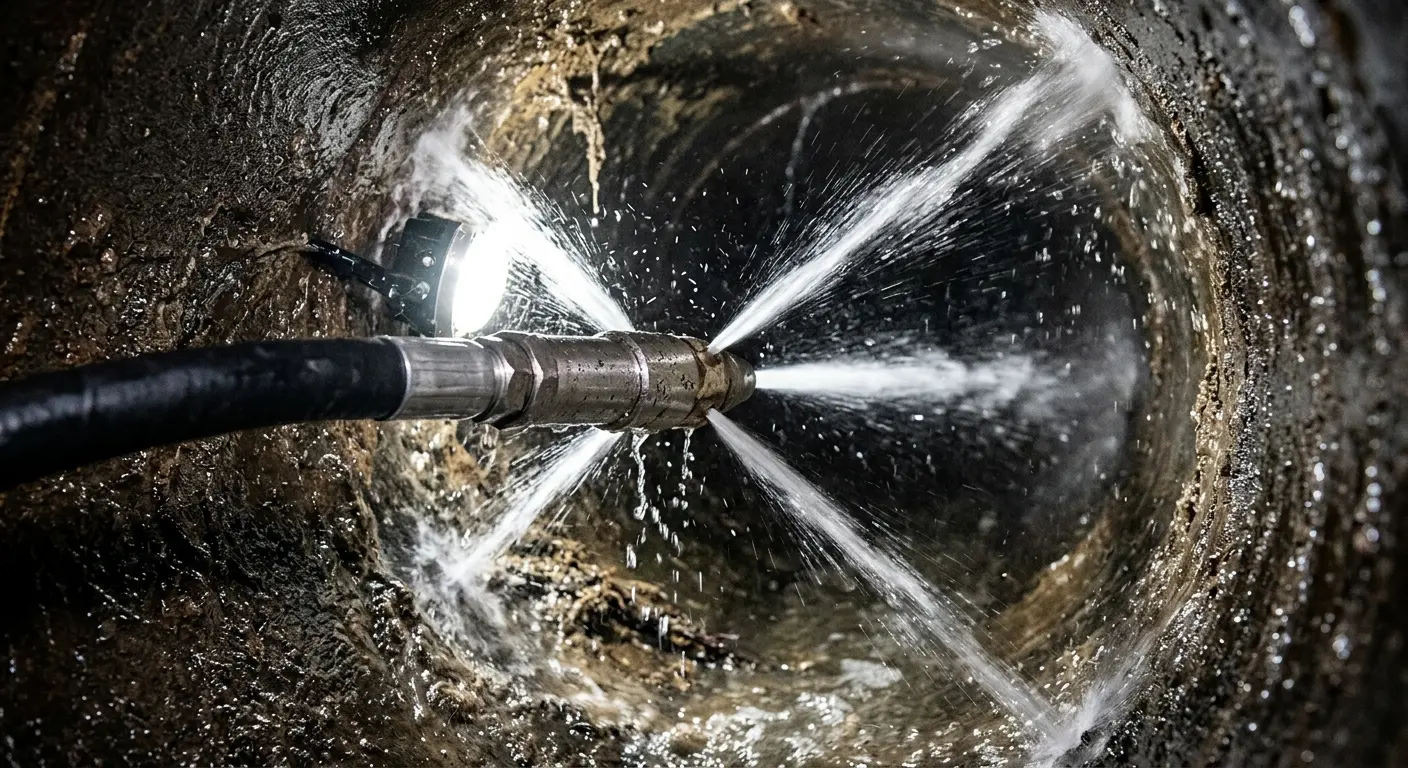 High-pressure hydro jetting nozzle cleaning sewer pipe for Sewer Cleanout in Derry