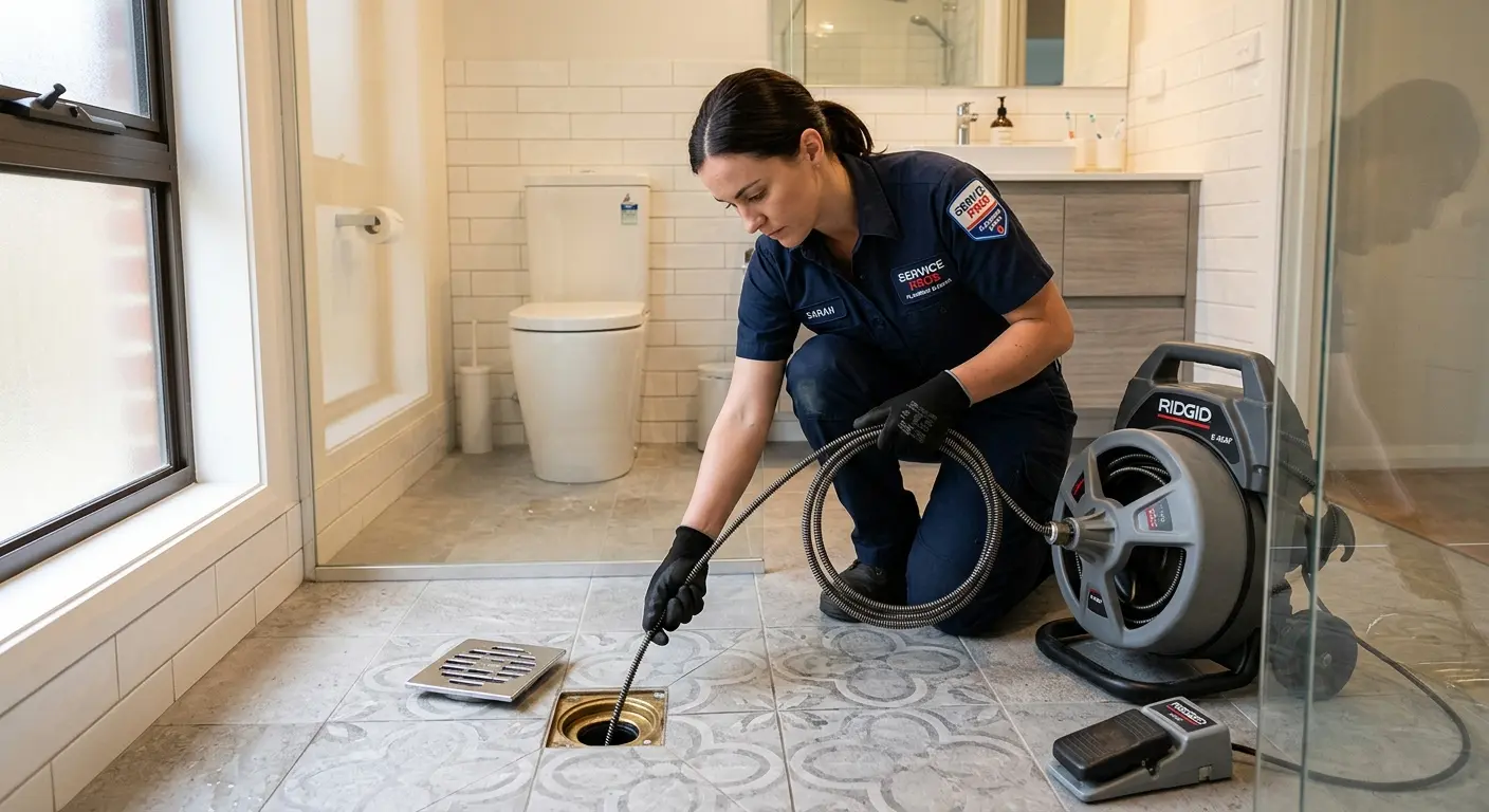 Technician clearing a bathroom floor drain for Hydro Jetting in Derry